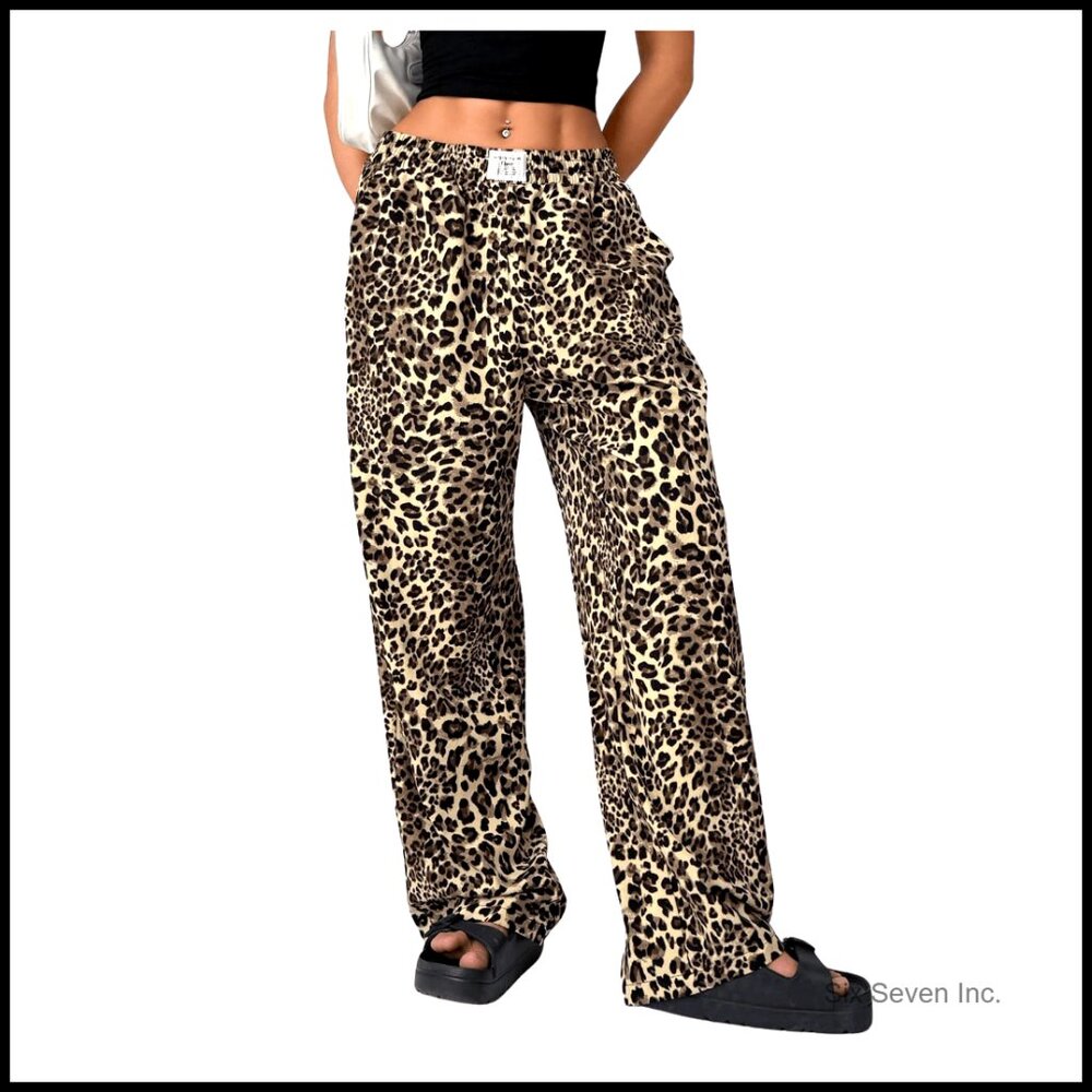 Leopard Print Straight Leg Pants Elastic Waist With Pockets